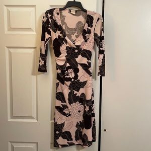 3/4 Sleeve Faux-Wrap Midi-Length Floral Dress with Side Rouching
